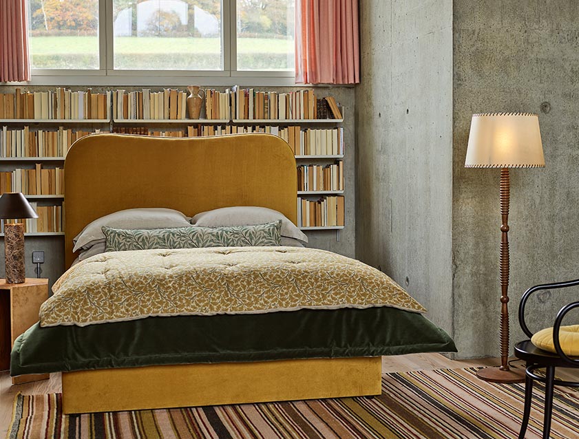 Highgate king bed in Linwood Tango Velvet Ochre